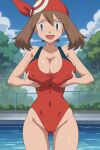 1girl accurate_art_style alluring androidparanoid bandana bare_legs big_breasts bikini blue_eyes brown_hair cleavage may may_(pokemon) one-piece_bikini pin_up pokemon pokemon_(anime) pokemon_rse pokemon_rse_(anime) red_one-piece_bikini swimming_pool