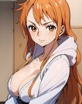  1girl 1girl 1girl bangs big_breasts blush breasts brown_eyes clavicle cleavage closed_mouth clothing female_only hood hood_down hooded_jacket hoodie jacket karmino long_hair long_sleeves looking_at_viewer nami_(one_piece) one_piece open_clothes orange_eyes orange_hair shirt sidelocks smile upper_body 