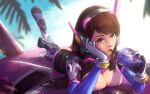 1girl 1girl 1girl bodysuit breasts brown_eyes brown_hair d.va_(overwatch) drink drinking female_only headgear large_filesize mitsu_(mitsu_art) nipples overwatch partially_clothed very_high_resolution