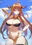 1girl armpits bangs big_breasts bikini blue_sky bow braid breasts brooch cleavage closed_mouth cloud day diagonal-striped_bow dragon_girl dragon_horns dragon_tail eyebrows_visible_through_hair female_only gluteal_fold hairband hand_on_hip high_resolution hololive horn horn_bow horns jewelry kiryuu_coco lips long_hair looking_at_viewer monster_girl multicolored_hair one_arm_up orange_bikini orange_hair outside pointed_ears raijuu_(bakanara) red_eyes revision shaded_face single_braid sky smile solo_female standing striped striped_bow swimsuit tail tied_hair very_long_hair virtual_youtuber