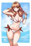 1girl 1girl 1girl ;) alluring alternate_costume big_breasts bikini blush celica_(fire_emblem) cleavage cowboy_shot earrings female_only fire_emblem fire_emblem_echoes:_shadows_of_valentia hairband high_res jewelry long_hair looking_at_viewer nintendo one_eye_closed orange_eyes orange_hair rotomdocs side-tie_bikini_bottom sideboob signature simple_background smile swimsuit thigh_strap twitter_username white_bikini white_hairband white_swimsuit