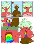 big_breasts breasts comic english_text fellatio female green_eyes kneel nude oral penis rainbow_pattern rainbow_penis sucking text