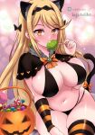 1girl 1girl absurd_res alluring alternate_costume big_breasts big_breasts blonde_hair blush candy cat_ears cat_tail core_crystal curvy earrings female_only halloween high_res holding_lollipop hourglass_figure lollipop long_hair looking_at_viewer midriff monolith_soft mythra navel nintendo pumpkin sitting stockings stockings striped_clothing striped_legwear striped_thighhighs sugarbell thick_thighs thighs very_long_hair voluptuous xenoblade_(series) xenoblade_chronicles_2 yellow_eyes