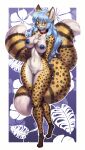 absurd_res anthro bell blue_eyes blue_hair blue_nipples blue_nose breasts canid canine cheetah chest_tuft collar countershading digitigrade eyewear felid feline female fox full-length_portrait glasses hair heterochromia hi_res hybrid long_hair mammal multi_tail neko_ed nipples nude original portrait red_eyes ruribec_(artist) simple_background solo standing tail tuft