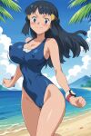 1girl accurate_art_style alluring androidparanoid bare_legs beach big_breasts bikini blue_eyes blue_hair blue_sky bouncing_breasts dawn dawn_(pokemon) happy kneel nintendo ocean one-piece_bikini outside pin_up pokemon pokemon_(anime) running