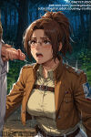 1boy 1girl 1girl ai-created ai_generated attack_on_titan belt big_breasts blush breasts brown_eyes brown_hair brown_jacket clothing cropped_jacket day emblem english_language english_text erection eyewear forest glasses hange_zoe hetero jacket jousneystudio long_sleeves looking_at_viewer male masturbation military military_uniform nature night open_clothes open_jacket open_mouth outside pants paradis_military_uniform parted_bangs penis ponytail precum round_eyewear shingeki_no_kyojin shingeki_no_kyojin_|_attack_on_titan shirt short_hair solo_focus standing survey_corps_(emblem) text tied_hair tree uncensored uniform upper_body white_shirt