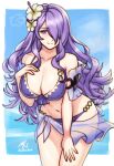  1girl 1girl 1girl alluring big_breasts camilla_(fire_emblem) camilla_(summer)_(fire_emblem) cleavage female_only fire_emblem fire_emblem_fates hair_over_one_eye looking_at_viewer nintendo purple_hair rotomdocs swimsuit 