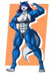  1girl big_ass big_breasts bikini blaccbear_(artist) blue_hair blue_skin cute fluffy_tail hopey_(zaruchen) long_hair muscular_female posing seductive tail tall_female wolf 