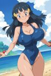 1girl accurate_art_style alluring androidparanoid bare_legs beach big_breasts bikini blue_eyes blue_hair blue_sky bouncing_breasts dawn dawn_(pokemon) happy kneel nintendo ocean one-piece_bikini outside pin_up pokemon pokemon_(anime) running