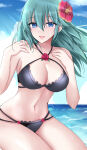  1girl 1girl :d alluring bare_arms bare_shoulders bikini black_bikini blue_eyes blue_sky byleth_(fire_emblem) byleth_(fire_emblem)_(female) character_request cleavage cloud cloudy_sky day fire_emblem floating_hair flower green_hair hair_between_eyes hair_flower hair_ornament hands_up hibiscus high_res horizon kirishima_riona long_hair looking_at_viewer medium_breasts nintendo ocean open_mouth red_flower red_rose rose sky smile swimsuit teal_hair water 