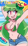 1girl ai_generated arms_up beach big_breasts bikini cartoony green_hair happy_female mostly_nude pink_eyes short_shorts swimsuit vannamelon vannamelon_(copyright) virtual_youtuber vtuber youtuber youtuber_girl