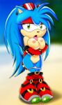  1girl anthro arm_under_breasts beach becky_the_hedgehog big_breasts blue_fur blue_hair breasts eulipotyphlan eyeshadow fan_character fingerless_gloves green_eyes hedgehog high_res horny horny_female inviting long_hair looking_at_viewer mammal mostly_nude nipples panties panties_down pants_down partially_clothed purity_the_hedgehog pussy red_eyeshadow shoes sonic_oc sonic_the_hedgehog_(series) sunglasses_on_head tail tongue tongue_out upscaled 