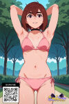 1girl 1girl 1girl ai_generated armpits arms_behind_head arms_up bangs bikini bikini_bottom black_choker blue_sky blush breasts brown_eyes brown_hair choker clavicle clothing cloud day grin hair_between_eyes littlehentai looking_at_viewer navel one_arm_up outside palm_tree parted_lips pink_bikini pink_swimsuit savitar short_hair side-tie_bikini side-tie_bikini_bottom side-tie_clothing side-tie_swimsuit sky small_breasts smile standing stomach string_bikini swimsuit thick_eyebrows thighs tree uraraka_ochako