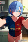  blue_eyes blue_hair bottomless fc_barcelona looking_at_viewer nekom14 no_panties one_eye_covered pussy re:zero_kara_hajimeru_isekai_seikatsu rem_(re:zero) selfpic short_hair soccer_jersey 