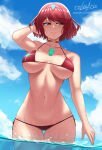 1girl adjusting_hair alluring big_breasts bikini cleavage cslucaris heroine looking_to_the_side milf nintendo partially_submerged pyra red_eyes red_hair smile swept_bangs swimsuit under_boob xenoblade_(series) xenoblade_chronicles_2