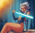 1girl ahsoka_tano alien_girl alien_humanoid blue_eyes breasts coolerinker dress female_only inker_comics inkershike lightsaber looking_at_viewer orange_body orange_skin perky_breasts seductive seductive_look small_breasts star_wars teen teenage_girl the_clone_wars:_season_seven thighs togruta young young_female