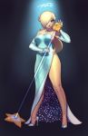 blonde_hair blue_eyes breasts cleavage clothed dress hair_over_one_eye heels high_heels legs lips lipstick looking_at_viewer luma microphone necklace nintendo princess_rosalina robert_porter star super_mario_bros.