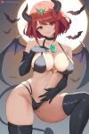  1girl alluring bat big_breasts clouds core_crystal halloween halloween_costume halloween_theme happy_female heroine holidays looking_at_viewer looking_down midriff milf navel nintendo outside pyra red_eyes red_hair short_hair succubus xenoblade_(series) xenoblade_chronicles_2 zelc-face zelkinne 