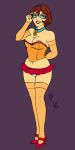  breasts dogs_collar glasses high_heels lingerie micro_skirt midriff miniskirt nipple_slip nipples panties red_shoes scooby-doo smile stockings velma_dinkley white_panties 