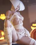 1girl a.k.i. a.k.i._(street_fighter) albino capcom costume crazy_girl halloween mummy mummy_costume mummy_wrappings red_eyes rougenine sitting street_fighter street_fighter_6 street_fighter_vi tagme white_hair