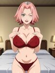  1girl alluring androidparanoid bedroom big_breasts bra lingerie naruto naruto_shippuden panties pink_hair sakura_haruno solo tagme teal_eyes underwear 