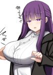  1girls 1other bangs big_breasts big_breasts blunt_bangs breast breast_grab fern_(sousou_no_frieren) grabbing grabbing_another&#039;s_breast grabbing_breasts japanese_text long_hair makochan42 offscreen_character open_mouth purple_eyes purple_hair simple_background sousou_no_frieren translation_request white_background 