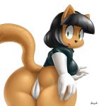  1girl anthro anthro_only bent_over black_hair cameltoe closed_eyes derpah derpah_(artist) eyelashes female female_only furry furry_only green_eyes kitty_katswell long_tail looking_back solo surprised t.u.f.f._puppy white_background white_gloves 