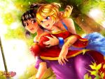  2girls art bangle bare_shoulders beli_lapran big_breasts black_hair blonde_hair blue_eyes bracelet breast_grab breasts deep_skin female grabbing hair high_ponytail high_res hunie_pop indian indian_clothes jessie_maye jewelry kaskia long_hair milf multiple_girls official_art outside promotional_art red_eyes ringlets watermark yuri 