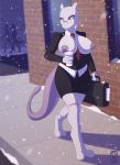 anthro anthrofied big_breasts breasts briefcase canine coffee digitigrade exposed_breasts eyewear furry legendary_pokémon mammal mewtwo neck_tie nintendo ocho outside poke_ball pokemon purple_eyes silhouette snow snowing video_games wide_hips