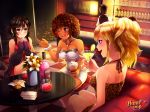 3_girls aiko_yumi alcohol art bar bare_shoulders big_breasts black_hair blonde_hair blue_eyes blush bottle bracelet breasts brown_eyes brown_hair cleavage cocktail dark_skin dress drink earrings eyeliner female halterneck hands_clasped hoop_earrings hunie_pop jessie_maye jewelry kaskia kaskia_(artist) leopard_print lola_rembrite long_hair makeup martini_glass milf multiple_girls necklace off-shoulder_sweater official_art one_eye_closed open-back_dress ponytail promotional_art red_dress ringlets short_dress short_hair sitting smile strapless strapless_dress watermark white_dress