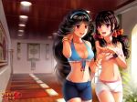  2girls art bangle beli_lapran bike_shorts black_hair bow bracelet breasts choker cleavage dark_skin earrings female front-tie_top hair hair_bow hair_flip hair_tubes hairband highleg highleg_panties hoop_earrings hunie_pop indian jewelry kaskia kyanna_delrio long_hair midriff multiple_girls navel official_art panties pink_eyes promotional_art red_eyes spats sports_bra underwear very_long_hair watermark 