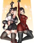 1girl 2_girls ada_wong ada_wong_(adriana) arm_behind_head arm_up armpits biohazard biohazard_4 black_hair capcom crossover dangerousbride female_only final_fantasy final_fantasy_vii final_fantasy_vii_remake grin high_heel_boots long_hair looking_at_viewer red_eyes red_lipstick resident_evil resident_evil_4 resident_evil_4_(remake) resident_evil_4_remake smiling_at_viewer sparkles square_enix stockings thick_thighs thigh_squish tied_hair tifa_lockhart very_high_resolution yellow_eyes