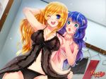  2girls ;) art babydoll big_breasts black_panties blonde_hair blue_eyes blue_hair blush breasts changing_room cleavage dressing dutch_angle female hair high_res hunie_pop kaskia kaskia_(artist) lingerie long_hair multicolored_hair multiple_girls nikki_ann-marie official_art one_eye_closed panties promotional_art see-through smile streaked_hair tiffany_maye underwear watermark yuri 