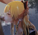 1girl bare_shoulders blonde_hair blush bow choker closed_eyes cum cum_in_mouth deepthroat fellatio forced from_side granblue_fantasy hair hair_bow hand_on_another's_head irrumatio izumi_arima long_hair male_pubic_hair oral penis ponytail profile pubic_hair sweat uncensored vira