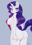 1_girl 1girl 2020 anthro anthrofied ass blue_eyes female female_anthro female_only friendship_is_magic hasbro horn long_hair long_purple_hair looking_at_viewer looking_back mrscurlystyles my_little_pony purple_hair rarity rarity_(mlp) sideboob sling_bikini solo solo_female solo_focus standing swimsuit tail unicorn