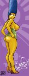  ass big_ass big_breasts blue_hair breasts full_body hair heels high_heels legs looking_back marge_simpson milf purple_background sideboob skirt_lift smile standing the_simpsons yellow_skin zarx 