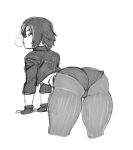 1girl 2019 asian ass big_hero_6 black_hair bubblegum darkeros disney fingerless_gloves gogo_tomago jacket looking_back marvel monochrome short_hair short_shorts shorts simple_background sketch