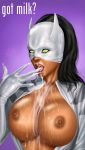 ava_ayala big_breasts black_hair bodysuit breasts cum cum_on_breasts cum_on_face cum_on_upper_body cumdrip cumshot dark-skinned_female dark_skin facial green_eyes lick lips lipstick marvel marvel_comics mask nipples spider-man_(series) tongue ultimate_spider-man white_tiger_(marvel)