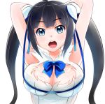  1girl arm_ribbon armpits arms_up black_hair blue_eyes blush bow breasts cleavage cleavage_cutout cum cum_on_body cum_on_breasts cum_on_upper_body dress dungeon_ni_deai_wo_motomeru_no_wa_machigatteiru_darou_ka female gloves hair_ornament hair_ribbon hestia_(danmachi) large_breasts long_hair looking_at_viewer open_mouth rei_no_himo ribbon showing_armpits smile solo taka_shida twintails white_dress white_gloves 