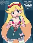 1girl 2015 blonde_hair blue_eyes blush breasts dialogue disney dress looking_at_viewer megasweet scissors small_breasts smile solo star_butterfly star_vs_the_forces_of_evil striped striped_legwear text thighhighs torn_clothing very_long_hair