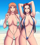 2_girls beach bedroom_eyes bemannen black_hair blue_eyes blue_sky brown_eyes long_hair milf nami nami_(one_piece) nico_robin one_piece orange_hair sexy sexy_ass sexy_body sexy_breasts smile sunglasses swimsuit take_your_pick water