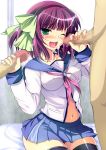 1girl angel_beats! black_legwear blush bukkake censored cum cum_on_body double_handjob erect_nipples facial fellatio green_eyes group_sex hairband handjob highres mosaic_censoring multiple_penises navel ninoko open_mouth oral penis school_uniform thighhighs wince wink yuri_(angel_beats!) zettai_ryouiki