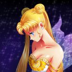 1girl adapted_costume art babe bare_shoulders bishoujo_senshi_sailor_moon blonde blonde_hair blue_eyes blush breasts butterfly_wings cleavage cloveras collarbone double_bun dress earrings high_res jewelry lips long_hair looking_down magical_girl neck princess_serenity sad shiny shiny_hair tsukino_usagi twin_tails usagi_tsukino white_dress wings