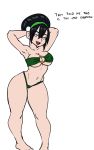 1girl 2019 avatar:_the_last_airbender barefoot bikini black_hair blind breasts darkeros dialogue hair_bun hands_behind_head looking_at_viewer nickelodeon older simple_background smile toph_bei_fong