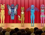 5girls anthro audience barefoot blue_eyes blush butterfree cover_up covering covering_breasts covering_crotch eevee embarrassed embarrassing enf fur furry nude on_stage pikachu pokemon porygon red_eyes stage yellow_eyes zubat