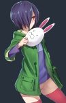  black_background blue_shirt bunny_mask green_jacket kirishima_touka no_panties no_shame no_shorts pink_legwear purple_hair pussy red_eyes tagme tokyo_ghoul touka_kirishima 