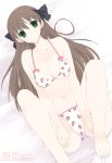  1girl amatsuka_haruka baby_princess barefoot bikini bow breasts brown_hair cleavage feet food food_themed_clothes fruit green_eyes hair_bow haruka_(baby_princess) kusaka kusaka_souji long_hair lying on_back ribbon solo strawberry swimsuit 