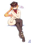  #1 1girl black_legwear blonde_hair blush boots breasts broken_heart crossed_legs disgaea disgaea_3 double_crossed_legs eric_muentes hat hips legs legs_crossed long_hair makai_senki_disgaea_3 neckerchief nippon_ichi nude pointy_ears red_eyes salvatore salvatore_(disgaea) sitting solo thighhighs 