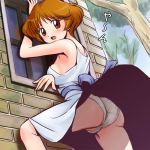 1girl agatha_christie_no_meitantei_poirot_to_marple armpits ass blush brown_eyes brown_hair dress dress_lift dutch_angle embarrassed great_detectives_poirot_and_marple haruyama haruyama_kazunori looking_at_viewer lowres mable_west maybelle_west outdoors panties pantyshot pantyshot_(standing) poirot_and_marple short_hair solo standing underwear upskirt wind_lift window