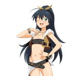  1girl 961_production a1 bandeau belt beyond_the_vibes black_hair blush bracelet flat_chest ganaha_hibiki green_eyes hair_ribbon hibiki_ganaha idolmaster jewelry long_hair midriff navel no_panties one_eye_closed ponytail pussy ribbon solo standing strapless sweat tubetop uncensored wink 